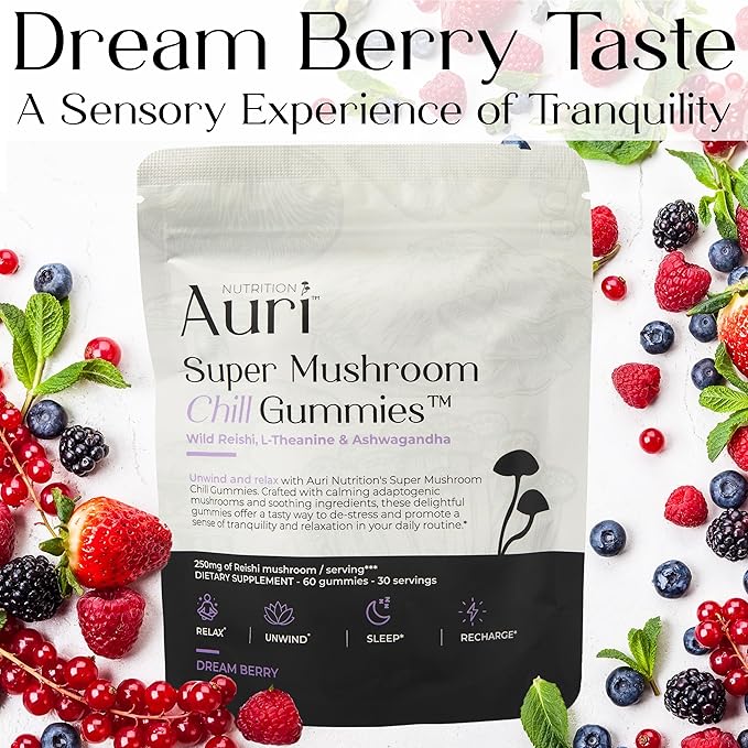 Auri Nutrition Super Mushroom Chill Gummies - Natural Calming Aid & Stress Reduction Supplement for Adults w/Reishi Mushroom, Ashwagandha, L-Theanine- Unwind Mind & Harmonize Your Day- 60 Calm Gummies