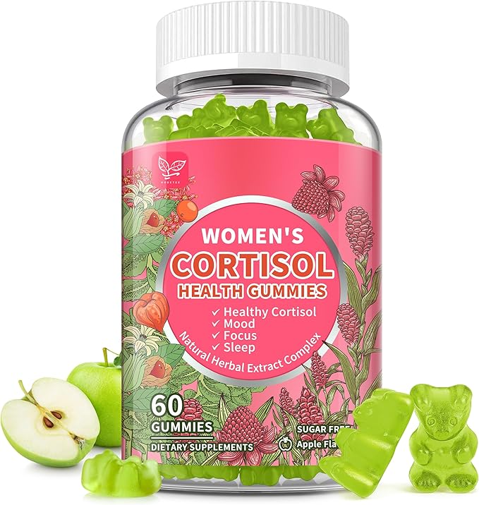 Cortisol Gummies for Women,Cortisol Manager with Ashwagandha,Magnesium,L-theanine,Phosphatidylserine,Rhodiola Rosea,Black Pepper for Mood Support,Adrenal Balance,Sleep,Vegan,Apple Flavor,60 Count