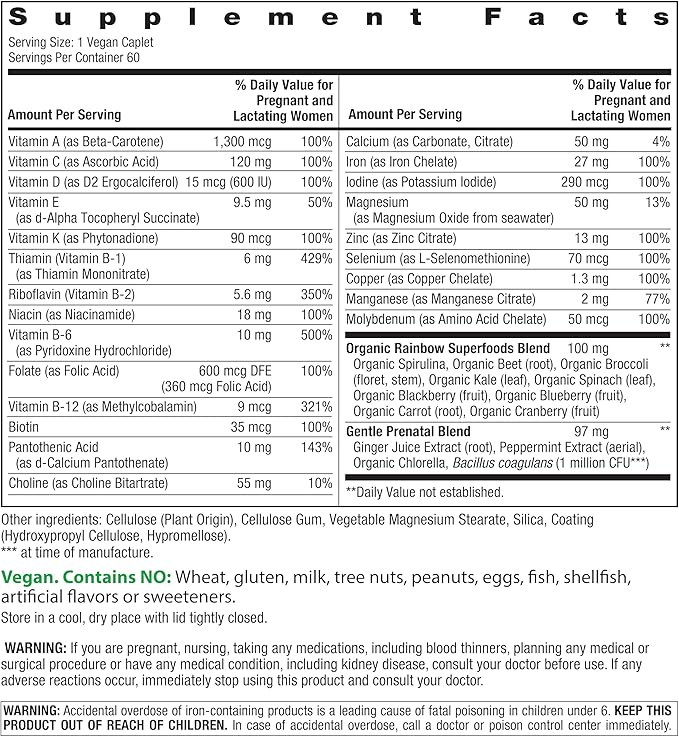 Rainbow Light Prenatal Multivitamin One + for Women | 60 Caplets | Essential Nutrition for Mom & Baby | Real Food Nutrients | Prenatal Botanical & Probiotic Blend