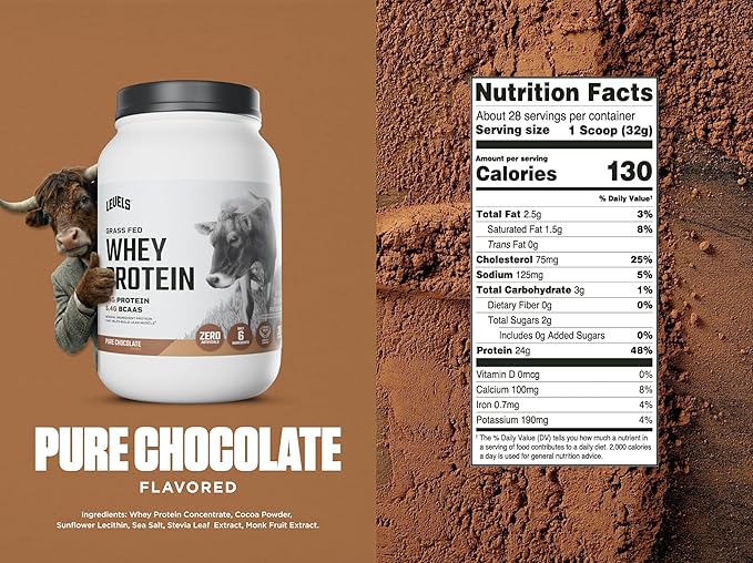 Levels Grass Fed Whey Protein Powder, No Artificials, 24G of Protein, Pure Chocolate, 2LB