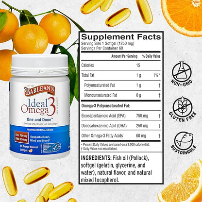 Barlean's Ideal Omega 3 Fish Oil Supplement, 1,000 mg Softgels, Pharmaceutical Grade EPA & DHA for Brain, Joint, & Heart Health, Orange Flavor, 60 ct