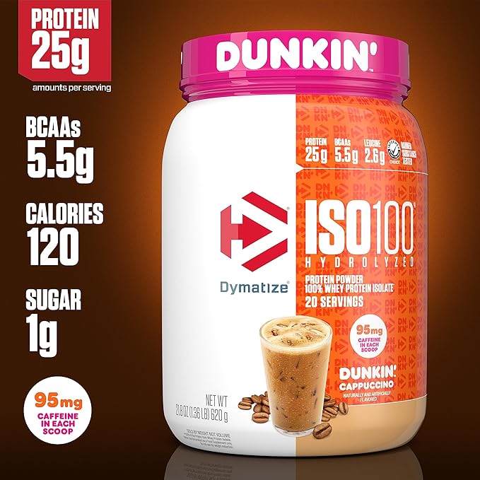 Dymatize x Dunkin' Cappuccino ISO100 Whey Protein Powder, 95mg Caffeine, 25g of Protein5.5g BCAAs, 120 Cal., Gluten Free, 1g Fat, 1g Sugar, 2g Carb (20 Servings)