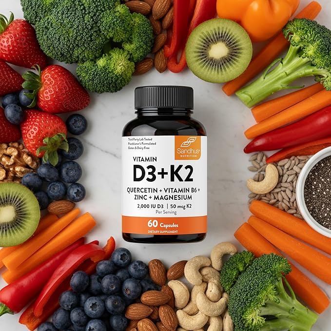Sandhu's Vitamin D3 K2 Magnesium 2000 IU, 50mcg K2 Capsules 60 Count (Pack of 1) | with VIT B6, Zinc & Quercetin | D3K2 Supports Superior Absorption, Energy, Immune, Muscle Health for Men & Women