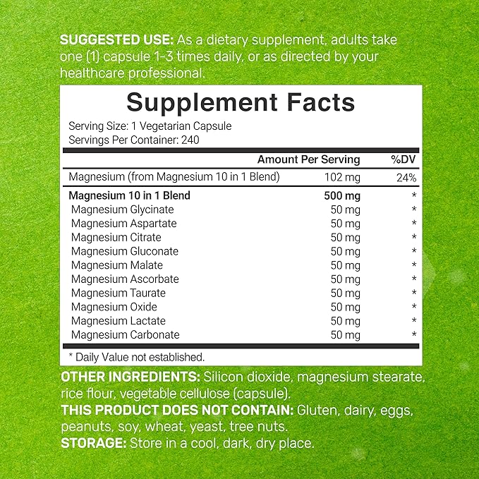 Magnesium Complex 500mg, 480 Veggie Capsules – Pack of 2 | 10-in-1 Glycinate, Citrate, Malate, Oxide, & More – 100% Chelated for Easy Absorption – Essential Mineral Supplement – Non-GMO