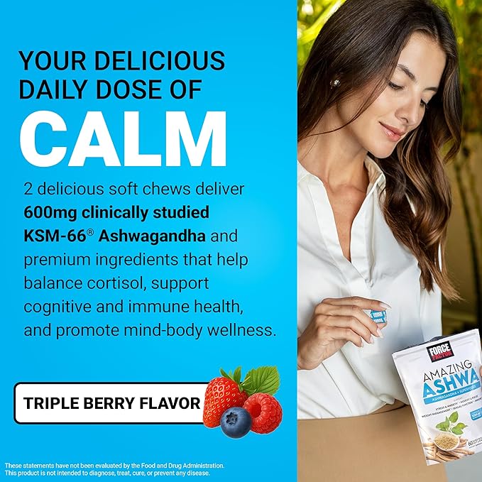 Force Factor Amazing Ashwa for Stress Relief, Memory, Focus, and Immune Support Health, Ashwaganda Supplement with KSM-66 Ashwagandha for Stress, 60 Soft Chews