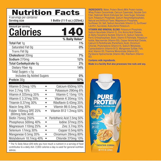 Pure Protein Complete Protein Shake, Frosted Cereal, 30g High Protein Drink, Less than 1g Sugar, 4g Fiber, Ready to Drink, Non GMO, On-the-Go Shakes, 11oz Bottles, 12 Pack