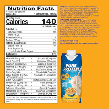 Pure Protein Complete Protein Shake, Frosted Cereal, 30g High Protein Drink, Less than 1g Sugar, 4g Fiber, Ready to Drink, Non GMO, On-the-Go Shakes, 11oz Bottles, 12 Pack