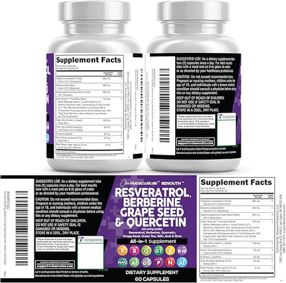 Clean Resveratrol Supplement | Berberine Grape Seed Extract Quercetin Green Tea Extract Acai Noni Polyphenol Supplement for Women & Men N-Acetyl Cysteine