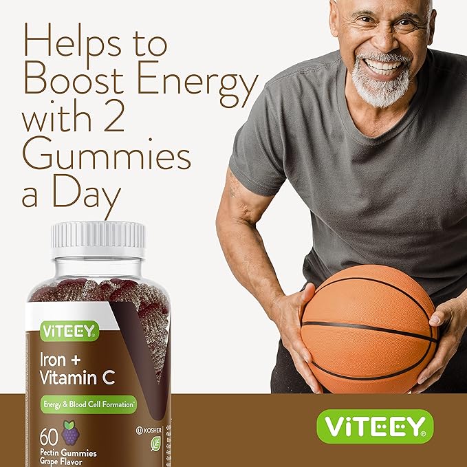 Viteey Iron Gummies - Iron with Vitamin C - Energy, Bood Support and Anemia Supplement for Women & Men - Vegan, Gluten Free - 60 Count