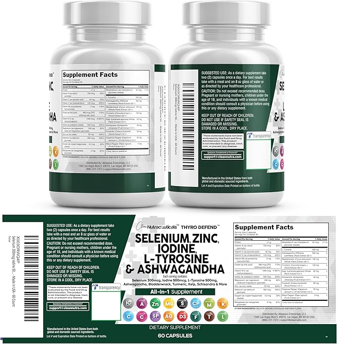 Clean Nutra Selenium 300mcg Iodine 500mcg Thyroid Support for Women & Men | L Tyrosine 500mg Ashwagandha Supplement Bladderwrack, Turmeric, Kelp, Schisandra Zinc Pills Capsule Supplements