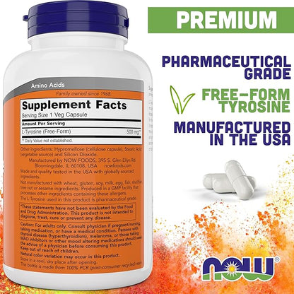 NOW Foods L-Tyrosine 500mg, 300 Capsules (Pack of 2) - Non GMO Supplement - 500 mg Caps - Free Form Ltyrosine