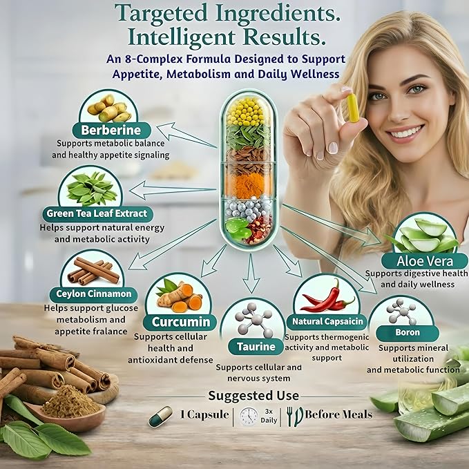 GLP-1 AXIS | Appetite Suppressant for Weight Loss & Natural GLP-1 Supplement for Weight Management, Odorless 8 in 1 Formula with Berberine & Green Tea Extract for Daily Energy Focus, Vegan, 90 Caps