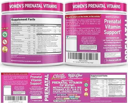 Natal Glow Methylated Prenatal Vitamins for Women Folate Omega 3 Vitamins A B12 C D3 E K2 Iron Riboflavin Biotin Choline Calcium Iodine Magnesium Zinc Selenium Copper Manganese by Clean Nutra