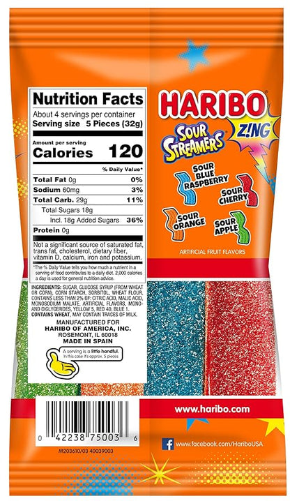 HARIBO Gummi Candy, Z!NG Sour Streamers Gummy Candy, 4.5 Ounce Share Size Bags (Pack of 12) Delicious Soft & Chewy Snacks, Assorted Fruity Flavors