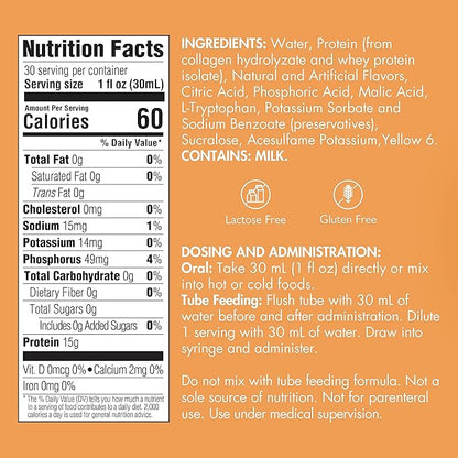 Liquid Collagen Peptides Type I, III 15 Grams Protein per Oz. |Prosource NoCarb Orange Crème Bottle Medtrition|