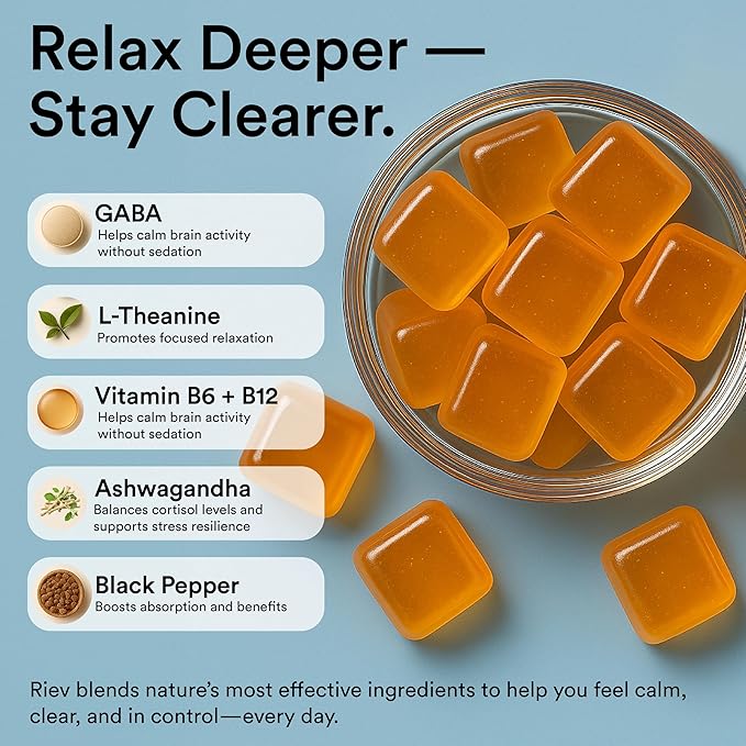 riev GABA Gummies – Honey Vanilla Flavor – with Vitamin B6, Magnesium, Chamomile, Lemon Balm & L-Theanine – Vegan, Sugar-Free, Non-GMO – Nighttime Relaxation Support – 30 Gummies