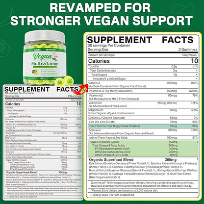NEVISS Vegan Multivitamin for Women & Men w/Methyl B12, D3 K2, Plant Based Omega 3 (DHA+EPA), Iron, Choline, Zinc, Whole Food Daily Vitamins Gummies for Vegans & Vegetarians, Sugar Free, 60Cts