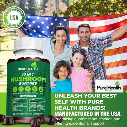 11-in-ONE Mushroom Complex Gummies - 10x Mushroom Supplement W Lions Mane - Nootropic Brain Supplement, Immune Support, All Natural 60 Count Gummies.