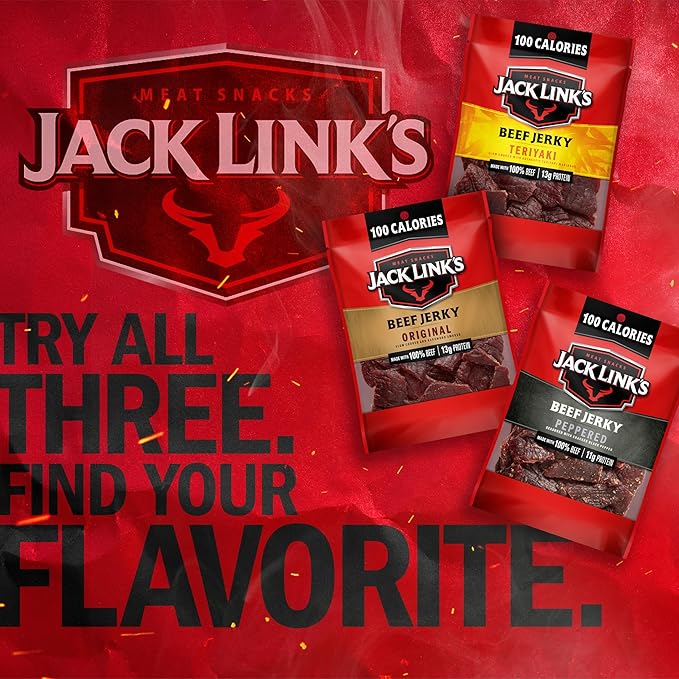Jack Link's Beef Jerky Variety Pack – Includes Original, Teriyaki and Peppered Jerky, Bulk Protein Snack, Good Source of Protein, Meat Snacks Made with 100% Beef – 1.25 Oz, (Pack of 30)