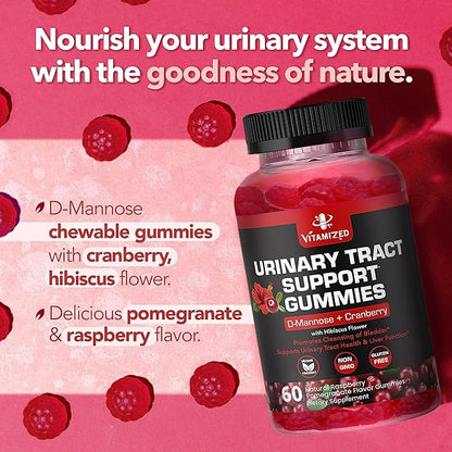 Potent Cranberry Gummies with D Mannose - Urinary Tract Health for Women & Men, Urinary Flush & Bladder Fast-Acting Support Supplements with Hibiscus Powder, 60 Count