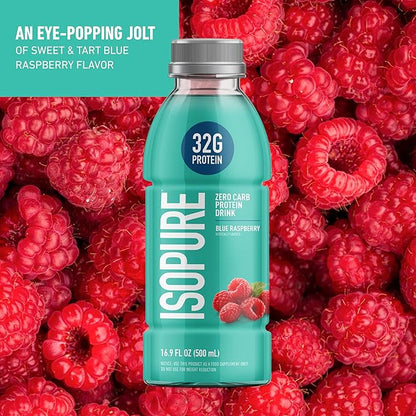 Isopure Zero Carb 32g Clear Protein Ready-to-Drink, Whey Protein Isolate, Blue Raspberry, 12 Pack (Packaging May Vary)