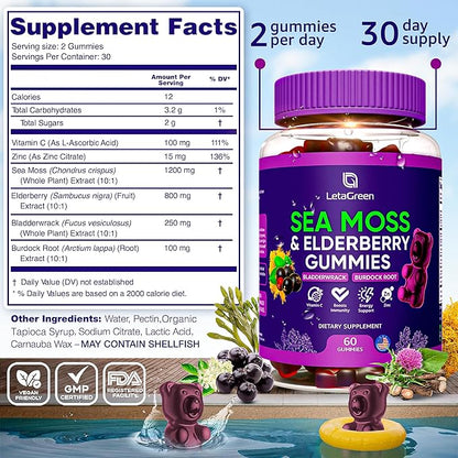Irish Sea Moss Gummies – Bladderwrack Burdock Root Elderberry Vitamin C & Zinc – 60 Vegan Seamoss Gummy Bears for Adults Kids Men Women – Multimineral Elderberry Vitamins
