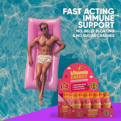 Vitamin Energy Immune+ Extra Strength Energy Shot Strawberry Twist 10 Pack, 260mg Natural Caffeine, B-Vitamins, Citicoline, Green Tea, Immunity & Focus Support, Zero Sugar, Gluten-Free 1.93 fl oz