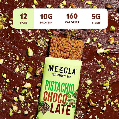 Mezcla Puff Crispy Protein Bars, Gluten Free & Vegan Protein Bars, 10g Protein, Alt for Crispy Rice Treat, Granola Bars & Breakfast Bars, Healthy Snacks for Adults, Pistachio Chocolate, 1 Count