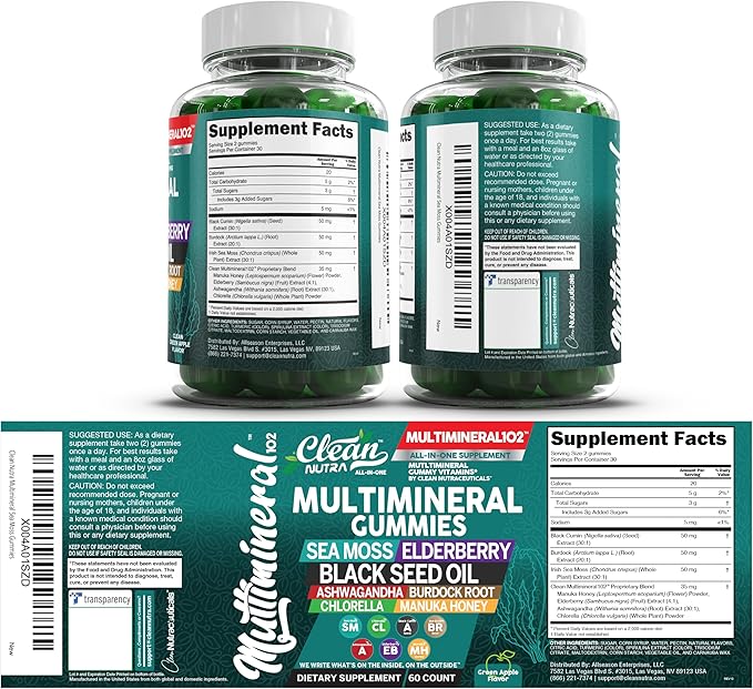 Sea Moss Gummies | Clinically Tested - Black Seed Oil Ashwagandha Elderberry Burdock Root Chlorella Manuka Honey - Vegan Irish Sea Moss Gummy Vitamins for Adults Kids Men Women - Green Apple Flavor