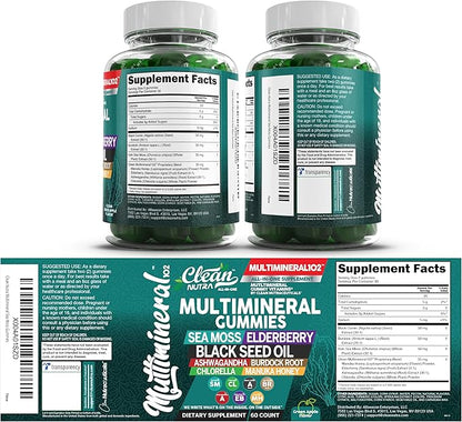 Sea Moss Gummies | Clinically Tested - Black Seed Oil Ashwagandha Elderberry Burdock Root Chlorella Manuka Honey - Vegan Irish Sea Moss Gummy Vitamins for Adults Kids Men Women - Green Apple Flavor