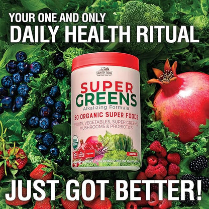 Country Farms Super Greens Berry Flavor, 50 Organic Foods, USDA Drink Mix, Multicolor, Multi, 40 Servings, 21 Oz, 2 Pack