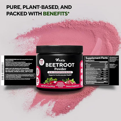 VitaUp Beet Root Powder 8 in 1 – USA Made Beets Powder Supplements with Grape Seed, Hawthorn, Coq10 – with Organic Beetroot for Energy & Circulation Support – Non-GMO, 30 Serving
