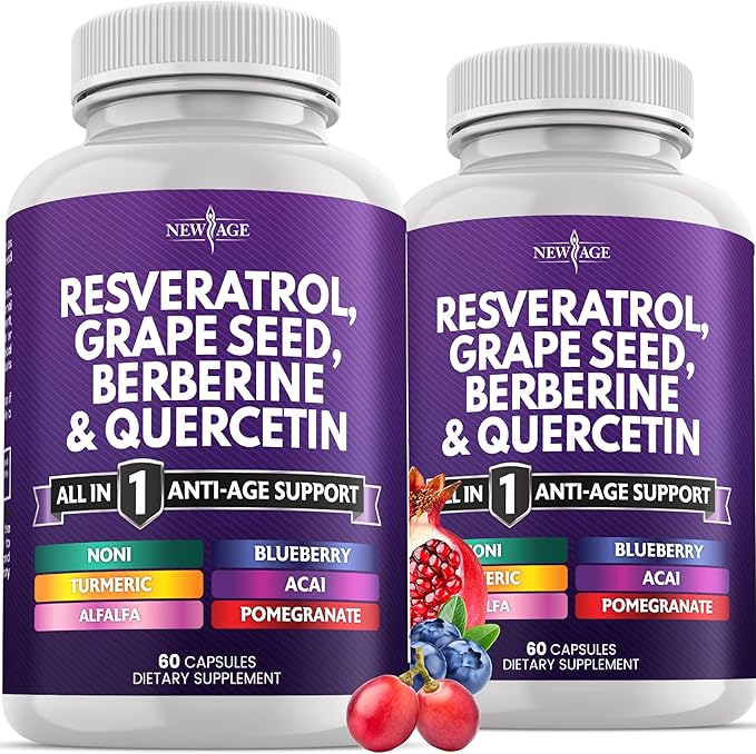 NEW AGE Resveratrol, Berberine, Grape Seed Extract, Quercetin, Supplement for Women and Men with Noni, N-Acetyl Cysteine, Acai - 120 Capsules