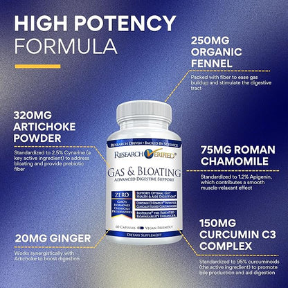 Research Verified Gas and Bloating - Relax Intestinal Muscles, Eliminate Gas Buildup - Artichoke Powder, Ginger, Peppermint Leaf Powder - 60 Capsules - Vegan…