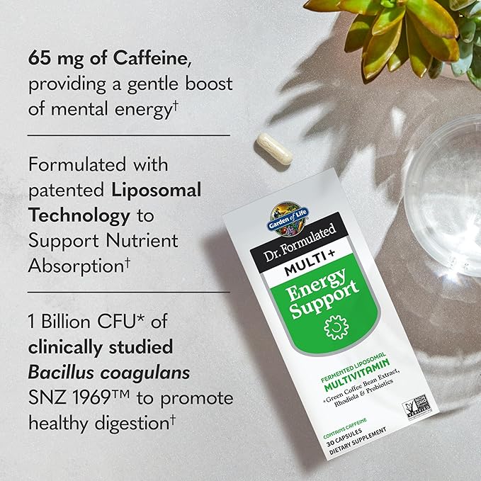 Garden of Life Dr. Formulated Multi+ Energy Support Capsule with Green Coffee Bean, Rhodiola & Probiotics – Energy and Immune Support, Non-GMO, Gluten-Free, 30 Capsules