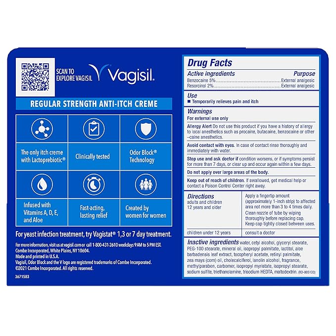 Vagisil Regular Strength Anti-Itch Feminine Cream for Women, Gynecologist Tested, Hypoallergenic, Fast-acting and Long-lasting Itch Relief, Vaginal Moisturizer Soothes and Cools, 1 oz (Pack of 1)