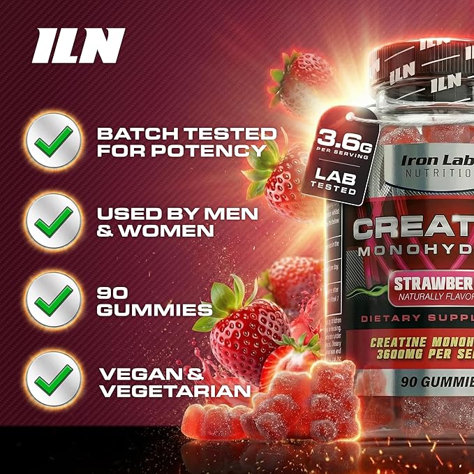 Iron Labs Nutrition Creatine Monohydrate Gummies (90 Gummy Bears) - 3600mg Per Serving - LAB Tested - Strawberry Flavor - High Strength Creatina for Men & Women (90 Vegan Gummys)