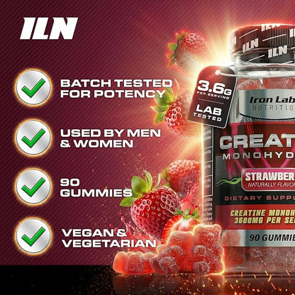Iron Labs Nutrition Creatine Monohydrate Gummies (90 Gummy Bears) - 3600mg Per Serving - LAB Tested - Strawberry Flavor - High Strength Creatina for Men & Women (90 Vegan Gummys)