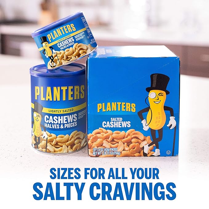 PLANTERS Lightly Salted Cashews, Cashew Halves & Pieces, Plant-Based Protein, 8 Oz Canister, Great Party Snack (Pack of 2)