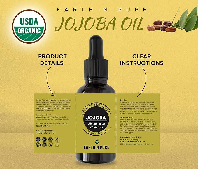 Earth N Pure Jojoba Oil Cold Pressed Natural and Therapeutic Grade for Skin & Hair 30 ml
