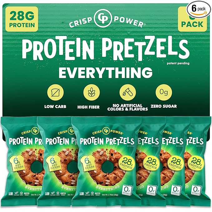 CRISP POWER Protein Pretzels, Everything, 28G Protein, High Protein Snack, High Fiber, Low Carb Crunchy Pretzel Snacks, No Added Sugar, 1.75 oz Bags, 6 Pack, Vegan, Keto