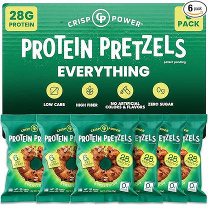 CRISP POWER Protein Pretzels, Everything, 28G Protein, High Protein Snack, High Fiber, Low Carb Crunchy Pretzel Snacks, No Added Sugar, 1.75 oz Bags, 6 Pack, Vegan, Keto