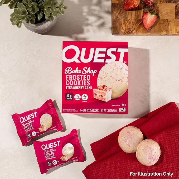 Quest Nutrition Frosted Protein Cookies, Strawberry Cake, <1g Sugar, 5g Protein, 1g Net Carbs, Gluten Free, 8 Cookies