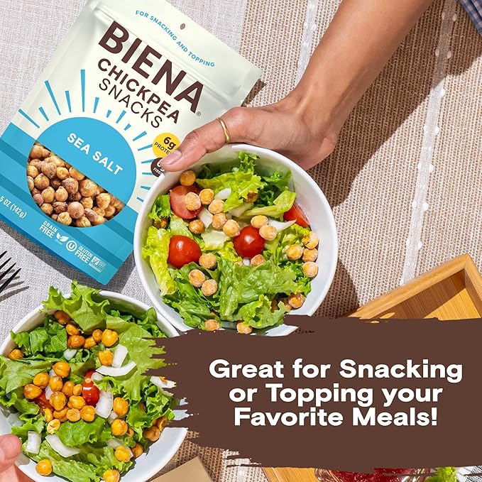 BIENA Chickpea Snacks - Crunchy Roasted Chickpeas - High Fiber Vegan Protein Snacks for Adults and Kids - 4-Pack, 5 Ounce Bags - Sea Salt