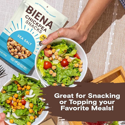 BIENA Chickpea Snacks - Crunchy Roasted Chickpeas - High Fiber Vegan Protein Snacks for Adults and Kids - 4-Pack, 5 Ounce Bags - Sea Salt