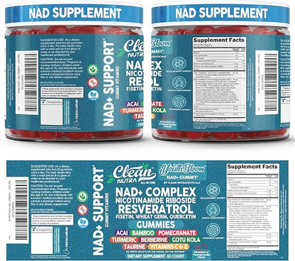 Youth Bloom NAD+ Supplement Gummies Resveratrol Fisetin Wheat Germ Berberine Taurine Turmeric Collagen Astaxanthin Nicotinamide Gotu Kola Pomegranate Vitamin C & E 60 Ct by Clean Nutra