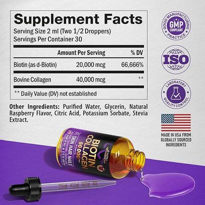 Liquid Biotin & Collagen 60,000 mcg - Vitamins for Hair Growth Support - Extra Strength Drops for Women & Men - Liquid Collagen Supplement - Strong Nails & Healthy Skin - Made in USA - 2 Fl Oz