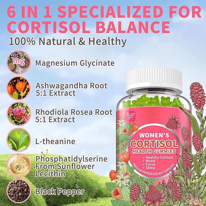 Cortisol Gummies for Women,Cortisol Manager with Ashwagandha,Magnesium,L-theanine,Phosphatidylserine,Rhodiola Rosea,Black Pepper for Mood Support,Adrenal Balance,Sleep,Vegan,Apple Flavor,60 Count