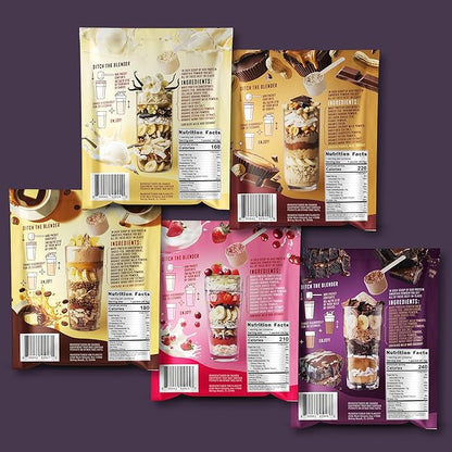 FlavCity Grass Fed Whey Protein Powder - Variety Pack - 25g Protein & 10g Collagen - 5 Single Serve Packets - Made with Organic Reishi & Cordyceps - Gluten Free & No Added Sugars