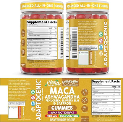 Clean Nutra Maca Root Gummies Ashwagandha Fenugreek Slippery Elm Saffron Hibiscus Beta Carotene Vitamin A for Women Macaroot Extract 60 Gummies Vegan Adaptogen Supplement Gummy Non GMO